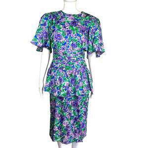 Nora Noh 1980s Silk Purple Green Floral Flutter Peplum Dress XS Small NWT